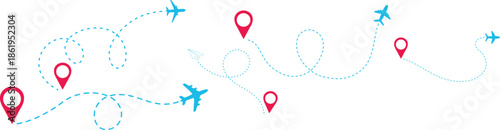 Airplane Track Icon set. Air plane flight route dash line trace with start point. Airplane flight path with destination pin. flying plane with twisted, curved and straight dashed trace path.