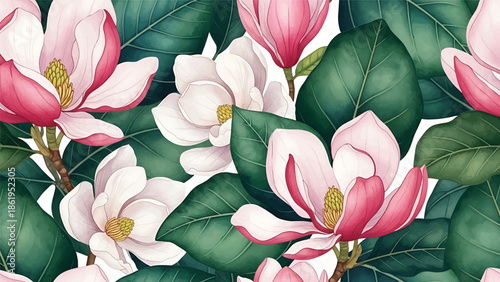 Modern vector watercolor-style botanical wallpaper with magnolia flowers and large leaves, refined luxury floral nature background ideal for premium interior and branding projects