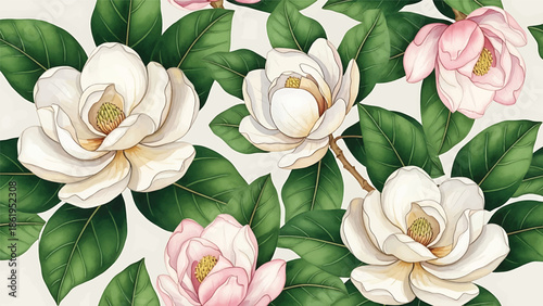 Modern vector watercolor-style botanical wallpaper with magnolia flowers and large leaves, refined luxury floral nature background ideal for premium interior and branding projects