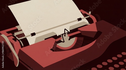 Vintage red typewriter with blank paper ready for writing on dark background