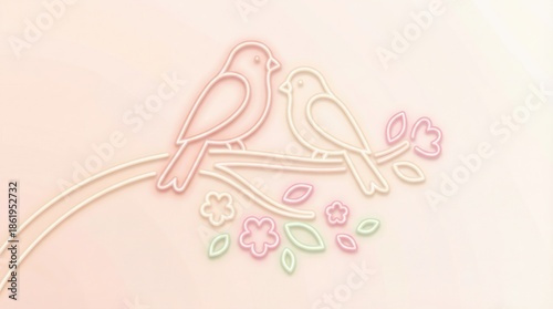 Two birds perched on a branch with delicate flowers in pastel colors