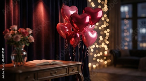 Romantic setting with red heart-shaped balloons, flowers, and an open book on a wooden table