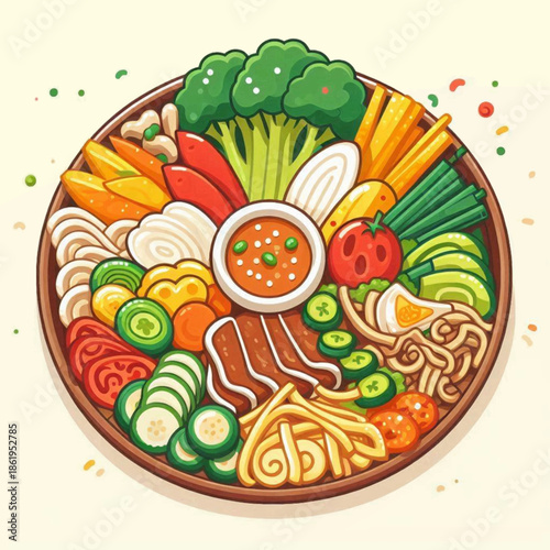 Cartoonstyle bowl of colorful raw vegetables with a central dipping sauce