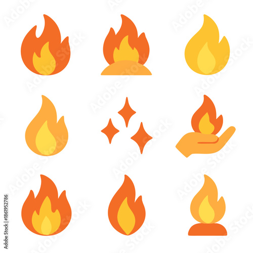 Flame vector icons for fiery flare design suitable for logos, branding, posters, and digital backgrounds. Ideal for firethemed projects.