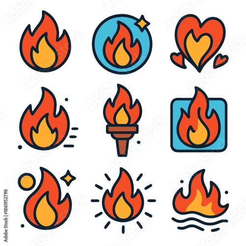 Flame vector art with colorful cartoon fire icons. Suitable for graphics, web designs, stickers, and branding elements with warmth.