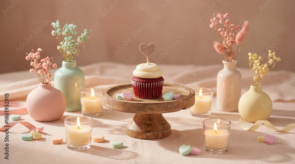 Obraz premium Delicate cupcake with heart topper on wooden stand surrounded by pastel vases and lit candles