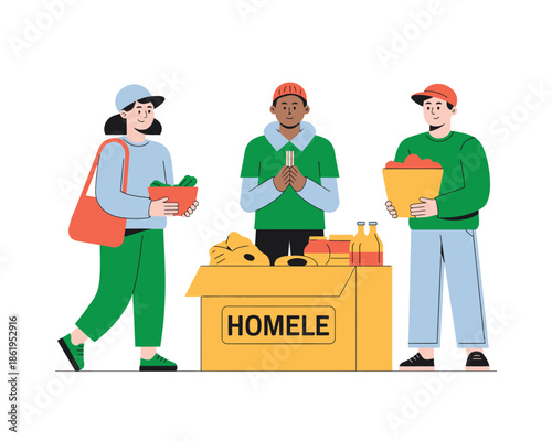 Volunteers generously distributing food donations to community members in need.