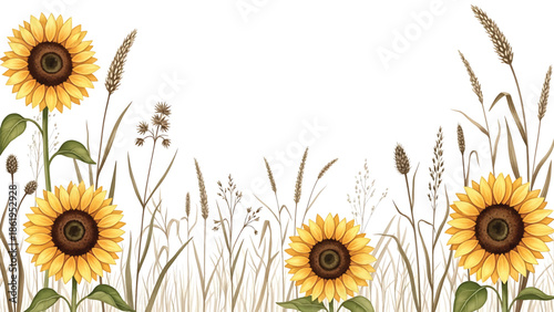 Modern vector watercolor-style botanical wallpaper featuring sunflowers, grasses, and natural textures, warm countryside floral background for wallpaper and surface design