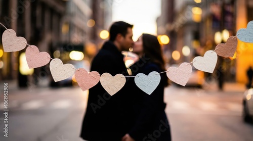 Couple kissing under a string of heart decorations on a city street at dusk