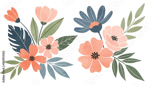 Modern vector watercolor-style floral wallpaper with oversized flowers and abstract leaves, bold contemporary nature background for modern interior and branding use