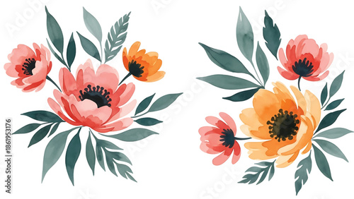 Modern vector watercolor-style floral wallpaper with oversized flowers and abstract leaves, bold contemporary nature background for modern interior and branding use