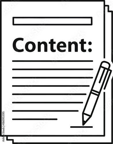Simple black and white icon representing a stack of important documents or reports ready for review and official content creation with a writing instrument nearby.