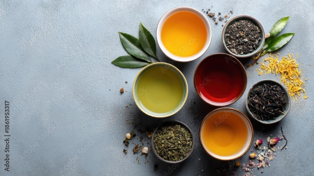 Obraz premium Assorted herbal teas in ceramic cups with loose tea leaves and greenery on gray surface.