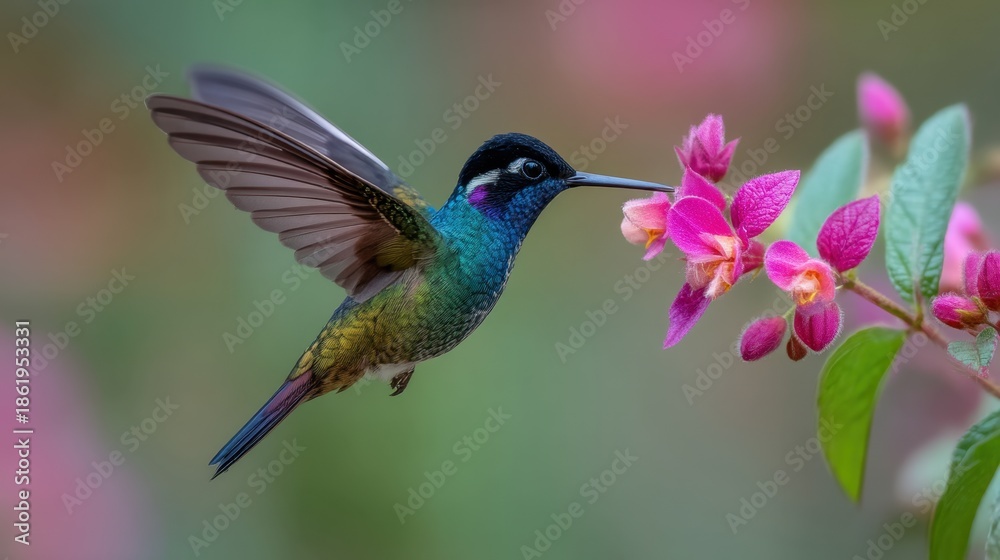 Fototapeta premium Vibrant hummingbird feeding on pink flowers in natural habitat.