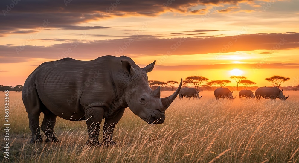 Fototapeta premium Rhino silhouette at sunset in the savanna with other animals and tall grass