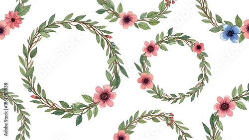 Modern vector watercolor-style floral and nature wallpaper with wreath-inspired botanical motifs repeated evenly, decorative background for stationery, packaging, and interior use