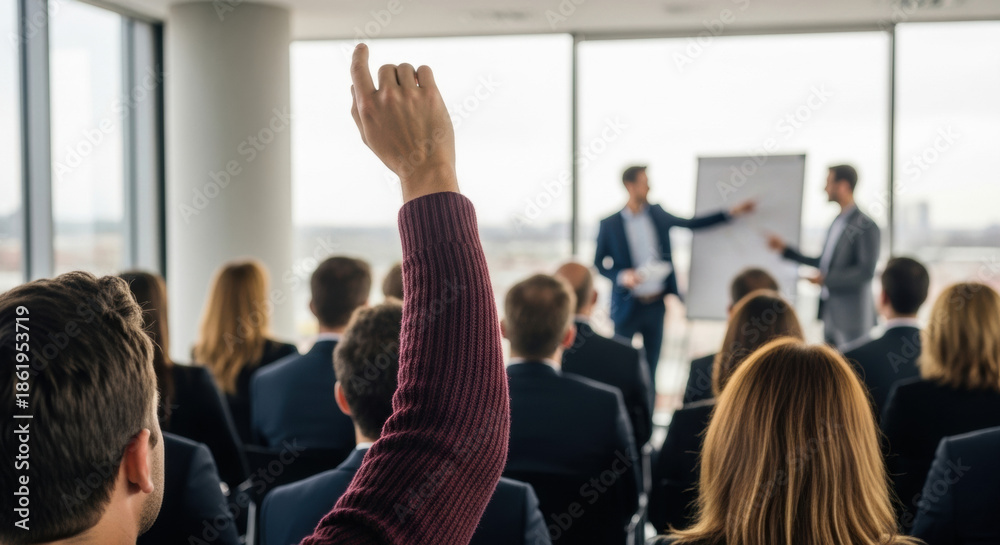Fototapeta premium An audience member raises their hand during a business presentation, set against a backdrop of large windows and a blurred cityscape view.