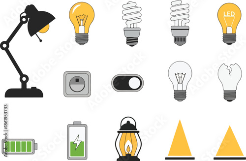 Collection of various light sources electrical components and energy indicators.