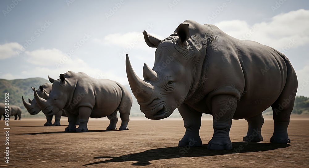 Fototapeta premium Rhinos standing in a dry landscape under a bright sunlight on a sunny day
