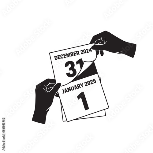 silhouette of hands changing calendar to new year on white background