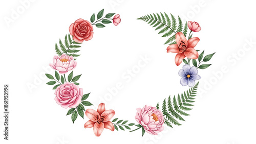 Modern vector watercolor-style floral and nature wallpaper with flowers arranged in circular flowing rhythm, contemporary botanical background for interior and branding projects