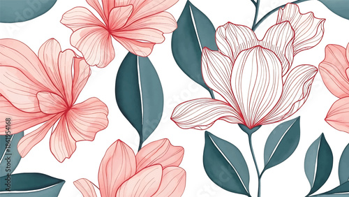 Modern vector watercolor-style botanical wallpaper with line-accented petals and solid-filled leaves, elegant artistic nature background for premium surface design