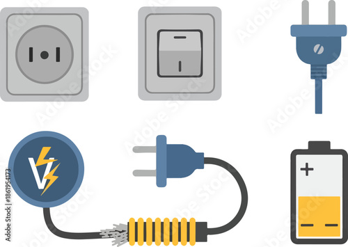 Electrical components set with power outlets plugs switch and battery.