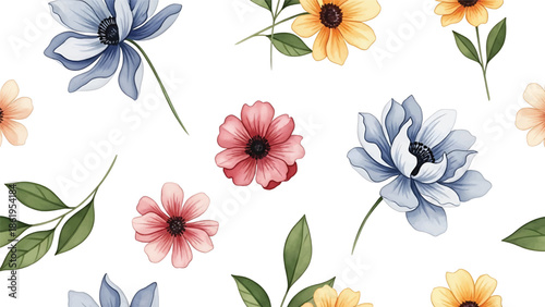 Modern vector watercolor-style seamless nature wallpaper with vintage-inspired flowers and foliage, classic botanical background ideal for timeless interior decor