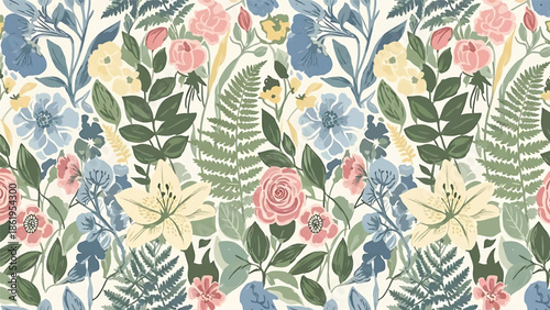 Modern vector watercolor-style seamless nature wallpaper with vintage-inspired flowers and foliage, classic botanical background ideal for timeless interior decor