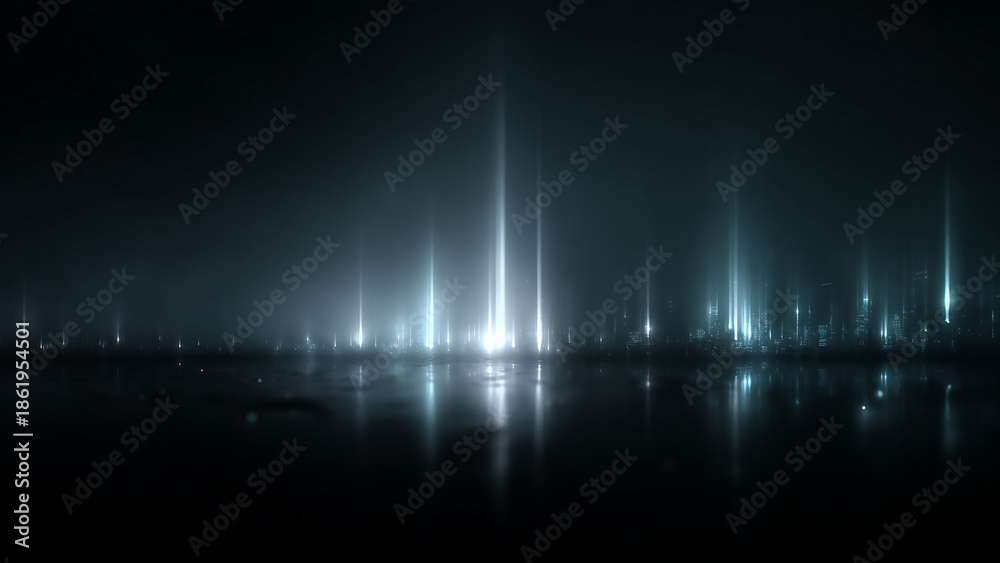 Fototapeta premium White light pillars reflecting on dark horizon