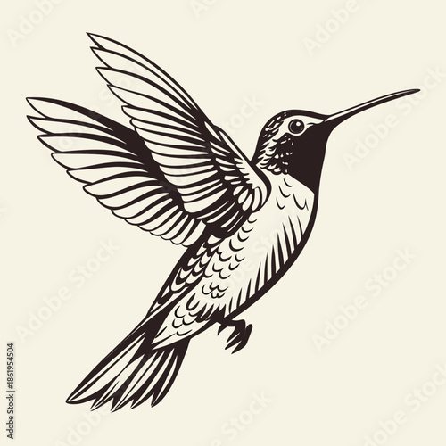 Black Ink Hummingbird in Mid Flight Illustration, Artistic Wildlife Bird Sketch for Nature Lovers and Tattoo Design