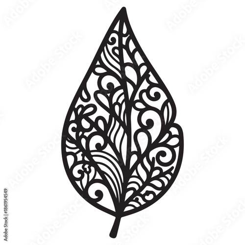 Ornate Black and White Leaf Design with Intricate Abstract Scrollwork