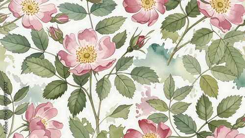 Modern vector watercolor-style botanical wallpaper featuring wild roses, leaves, and natural brush textures, timeless floral nature background for decor and textiles