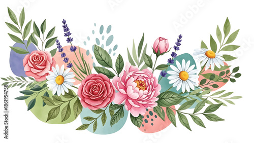 Modern vector watercolor-style seamless floral and nature wallpaper combining garden flowers, leaves, and organic shapes, versatile botanical background for multiple design uses