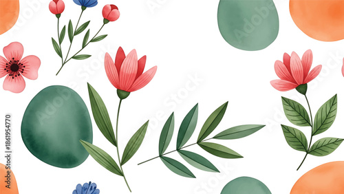 Modern vector watercolor-style seamless floral and nature wallpaper combining garden flowers, leaves, and organic shapes, versatile botanical background for multiple design uses