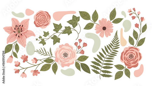 Modern vector watercolor-style seamless floral and nature wallpaper combining garden flowers, leaves, and organic shapes, versatile botanical background for multiple design uses