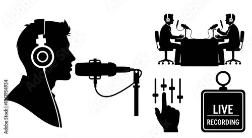 Podcast Recording Silhouette Set Featuring Radio Host, Interview Session, Audio Mixing, and Live Broadcast Equipment