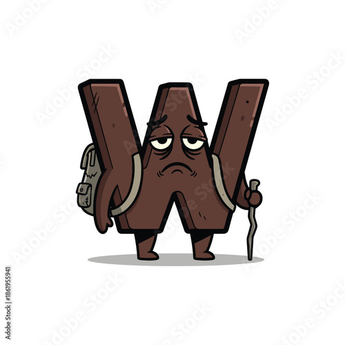 Cartoon letter W with backpack and cane character brown