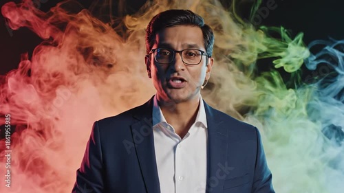 Man posing with hand up amidst colorful smoke visual effect