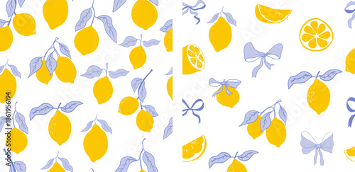 Cute coquette print lemon pattern, bow, stripes. Floral trellis citrus bg, background. Lemon with leaves, lemon slice, part.