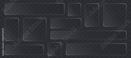 Realistic set of rectaingle Liquid Glass UI Frames and Buttons, Transparent Background, Modern Vector Illustration
