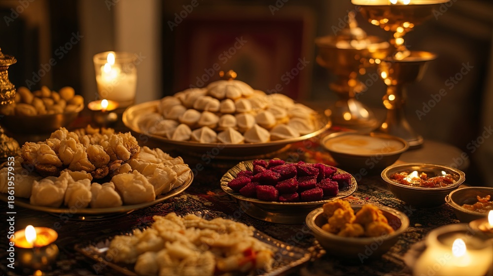 Naklejka premium Indian sweets and savory snacks served for a Diwali dinner .