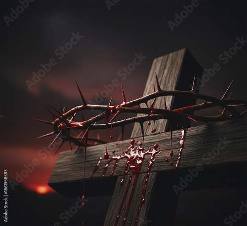 Dramatic Wooden Cross with Crown of Thorns and Blood at Sunset