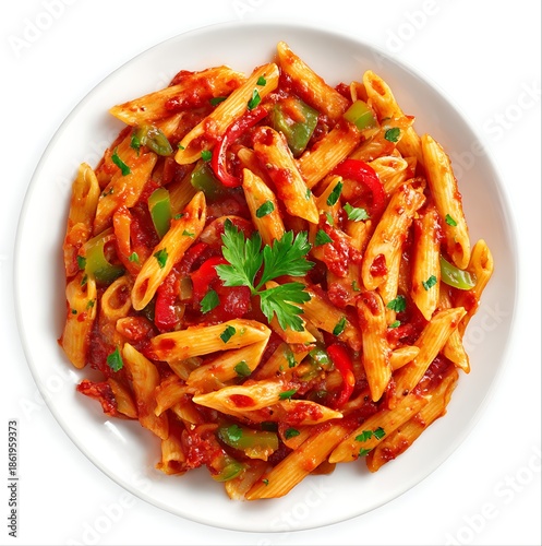 top shot of a plate of veg penne pasta in extra red sauce on a white plate. warm lighting, white background.