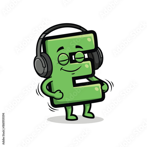 Green mp3 player cartoon character wearing headphones dancing.