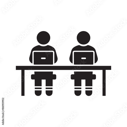 Two People Working on Laptops at Office Desk Vector Icon Illustration Representing Teamwork and Coworking
