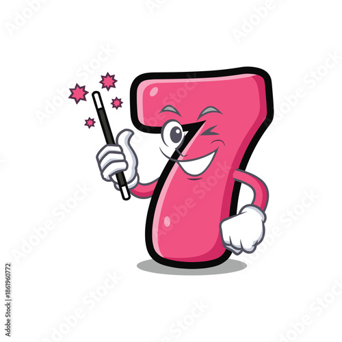 Pink cartoon number seven character holding magic wand with sparkles