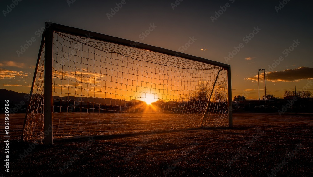 Obraz premium Silhouetted soccer goal on field during a vibrant sunset