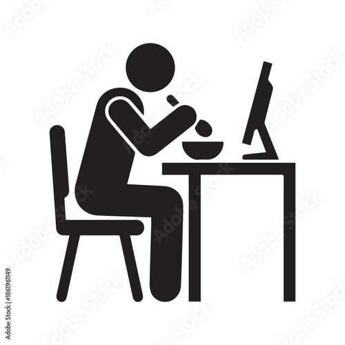 Person Eating Lunch at Computer Desk Vector Icon Illustration Representing Busy Office Worker or Gamer Snacking at Workstation
