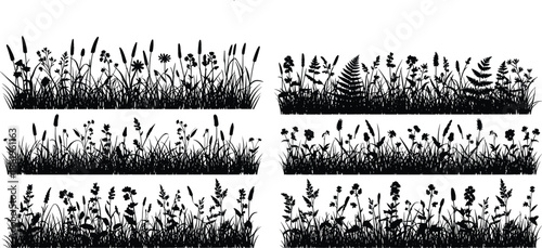 Collection of black horizontal meadow borders with wild flowers and grass, nature silhouette background set, cad drawing flat vector illustration